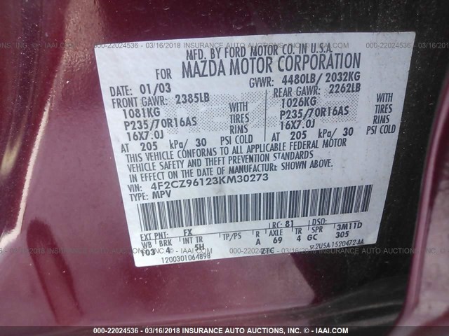 4F2CZ96123KM30273 - 2003 MAZDA TRIBUTE ES RED photo 9