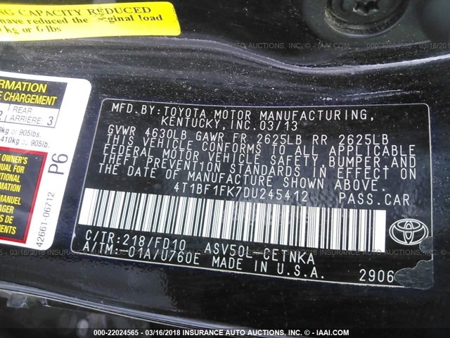 4T1BF1FK7DU245412 - 2013 TOYOTA CAMRY L/SE/LE/XLE BLACK photo 9