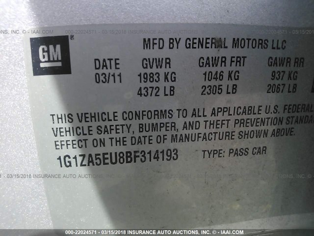 1G1ZA5EU8BF314193 - 2011 CHEVROLET MALIBU LS 银色 照片 9