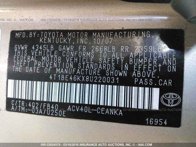 4T1BE46KX8U220031 - 2008 TOYOTA CAMRY CE/LE/XLE/SE GOLD photo 9