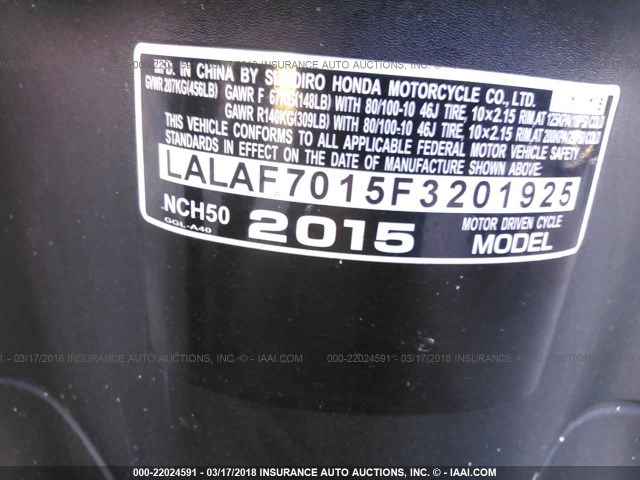 LALAF7015F3201925 - 2015 HONDA NCH50 BLUE photo 10