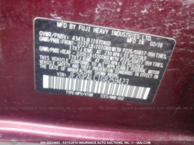 JF2GPALC1G8259423 - 2016 SUBARU CROSSTREK LIMITED BURGUNDY photo 9