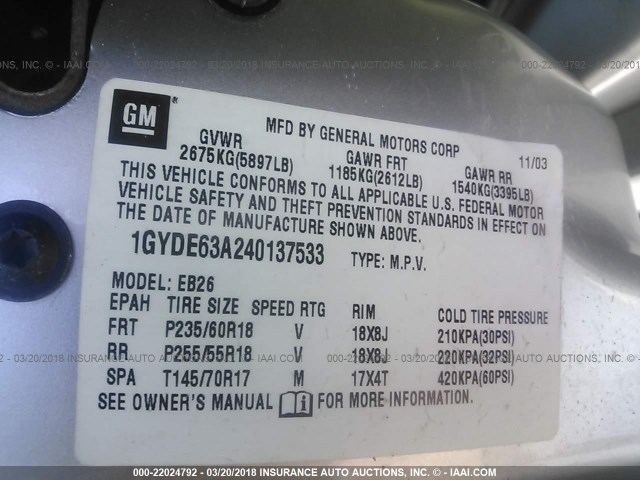 1GYDE63A240137533 - 2004 CADILLAC SRX SILVER photo 9