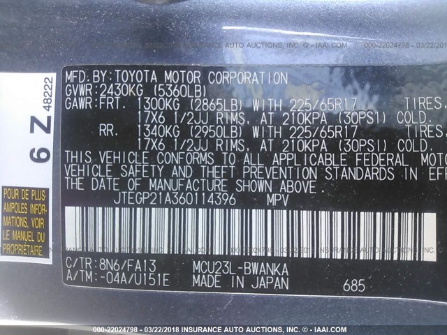 JTEGP21A360114396 - 2006 TOYOTA HIGHLANDER LIMITED BLUE photo 9