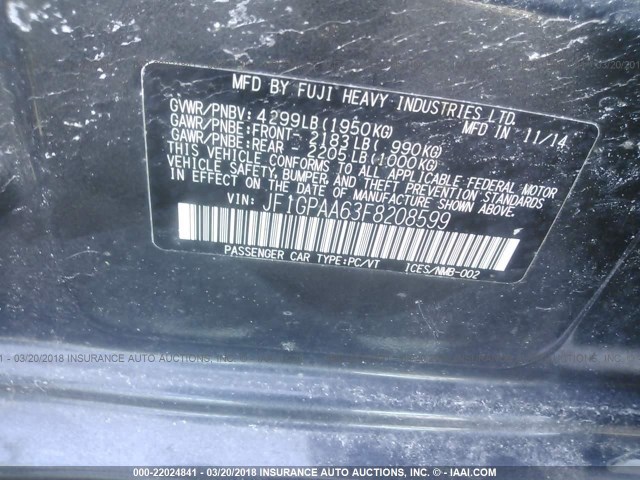 JF1GPAA63F8208599 - 2015 SUBARU IMPREZA GRAY photo 9