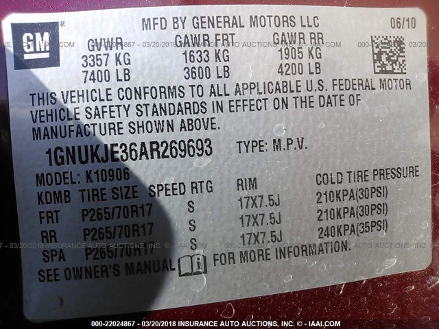 1GNUKJE36AR269693 - 2010 CHEVROLET SUBURBAN K1500 LT MAROON photo 9