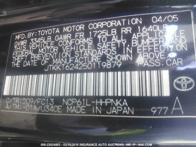 JTKKT624250119879 - 2005 TOYOTA SCION XA BLACK photo 9