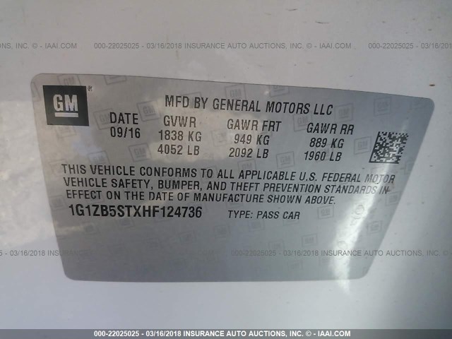 1G1ZB5STXHF124736 - 2017 CHEVROLET MALIBU LS 白色 照片 9