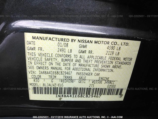 1N4BA41E68C829467 - 2008 NISSAN MAXIMA SE/SL GRAY photo 9