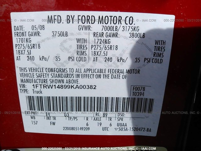 1FTRW14899KA00382 - 2009 FORD F150 SUPERCREW RED photo 9