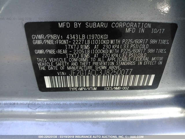 JF2GTACC3J8250077 - 2018 SUBARU CROSSTREK PREMIUM SILVER photo 9