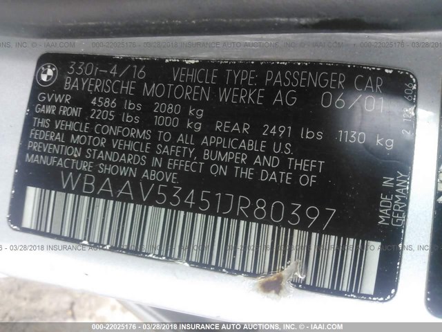 WBAAV53451JR80397 - 2001 BMW 330 I SILVER photo 9