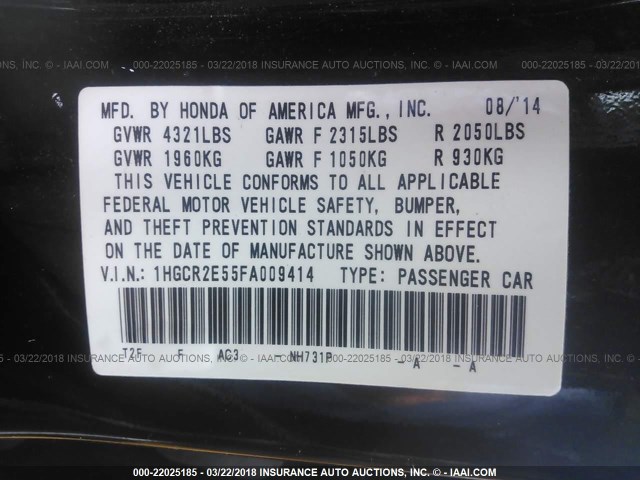 1HGCR2E55FA009414 - 2015 HONDA ACCORD SPORT 黑色 照片 9
