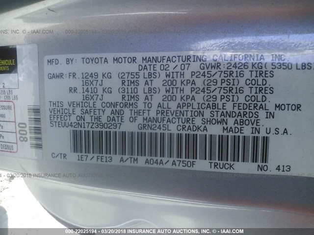 5TEUU42N17Z390297 - 2007 TOYOTA TACOMA ACCESS CAB Күміс фото 9