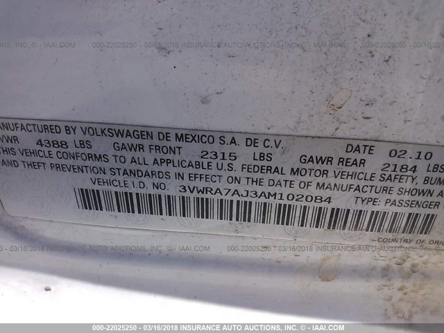 3VWRA7AJ3AM102084 - 2010 VOLKSWAGEN JETTA WOLFSBURG WHITE photo 9