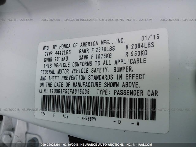 19UUB1F55FA015036 - 2015 ACURA TLX TECH WHITE photo 9