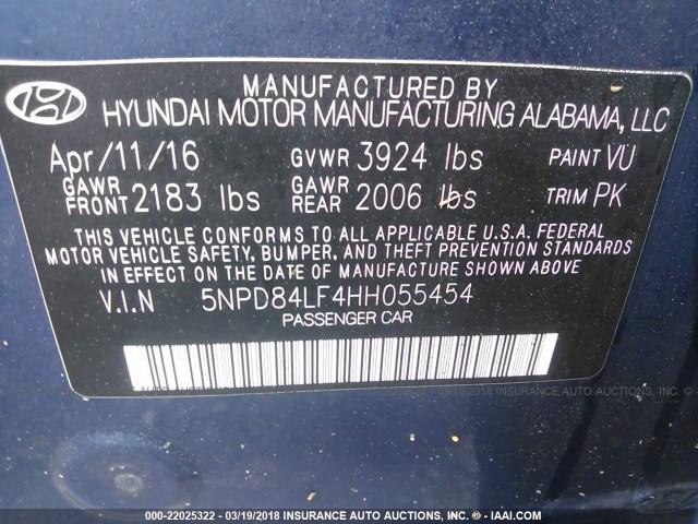 5NPD84LF4HH055454 - 2017 HYUNDAI ELANTRA SE/VALUE/LIMITED BLUE photo 9