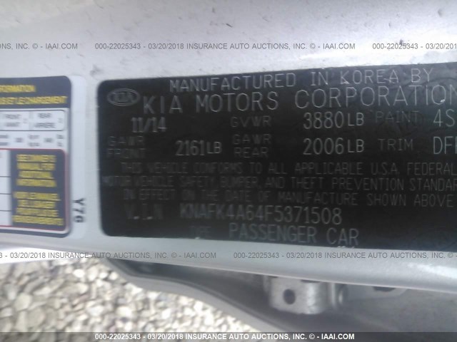 KNAFK4A64F5371508 - 2015 KIA FORTE LX SILVER photo 9