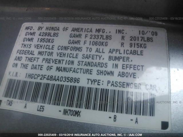 1HGCP2F48AA035896 - 2010 HONDA ACCORD LXP SILVER photo 9