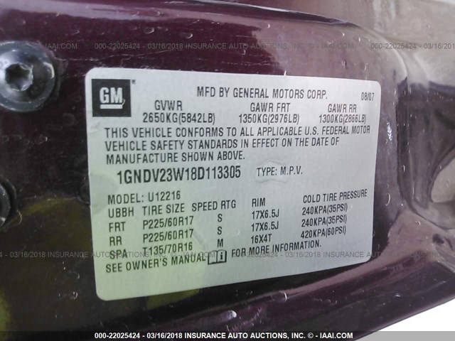 1GNDV23W18D113305 - 2008 CHEVROLET UPLANDER LS BURGUNDY photo 9