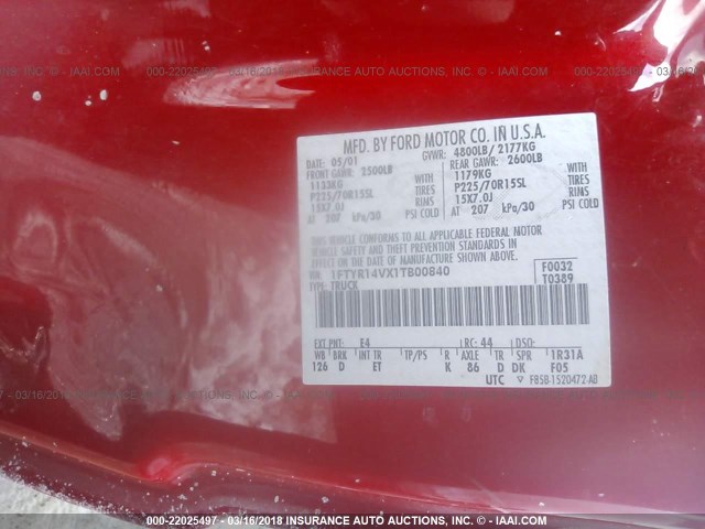 1FTYR14VX1TB00840 - 2001 FORD RANGER SUPER CAB RED photo 9