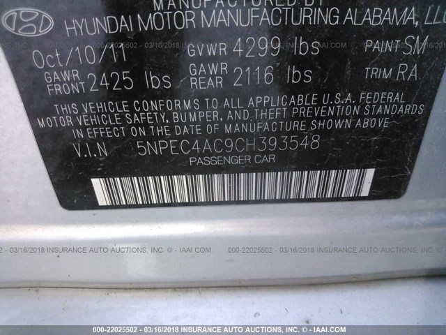 5NPEC4AC9CH393548 - 2012 HYUNDAI SONATA SE/LIMITED SILVER photo 9