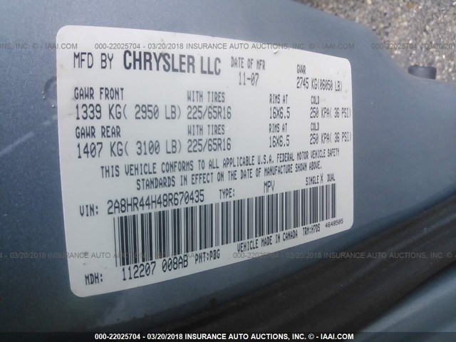 2A8HR44H48R670435 - 2008 CHRYSLER TOWN & COUNTRY LX BLUE photo 9