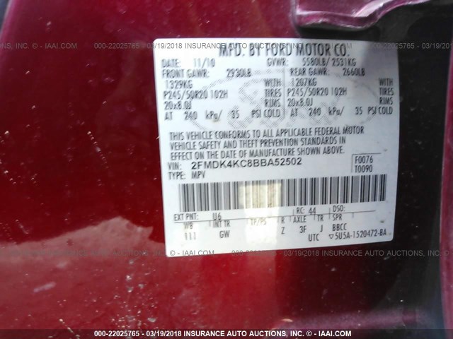 2FMDK4KC8BBA52502 - 2011 FORD EDGE LIMITED RED photo 9