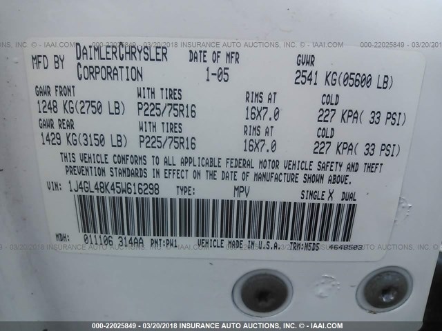 1J4GL48K45W616298 - 2005 JEEP LIBERTY SPORT 白色 照片 9