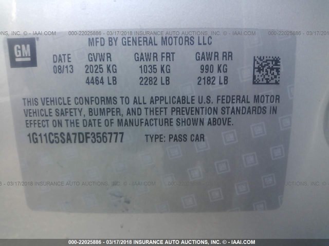 1G11C5SA7DF356777 - 2013 CHEVROLET MALIBU 1LT 银色 照片 9