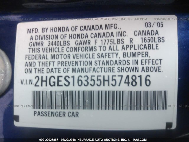 2HGES16355H574816 - 2005 HONDA CIVIC DX VP Mavi foto 9