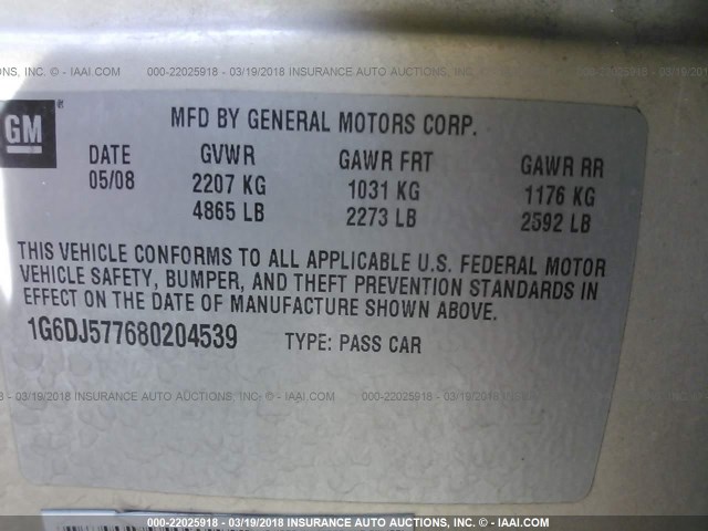 1G6DJ577680204539 - 2008 CADILLAC CTS GOLD photo 9