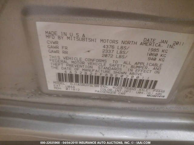 4A32B2FF8BE020011 - 2011 MITSUBISHI GALANT FE SILVER photo 9