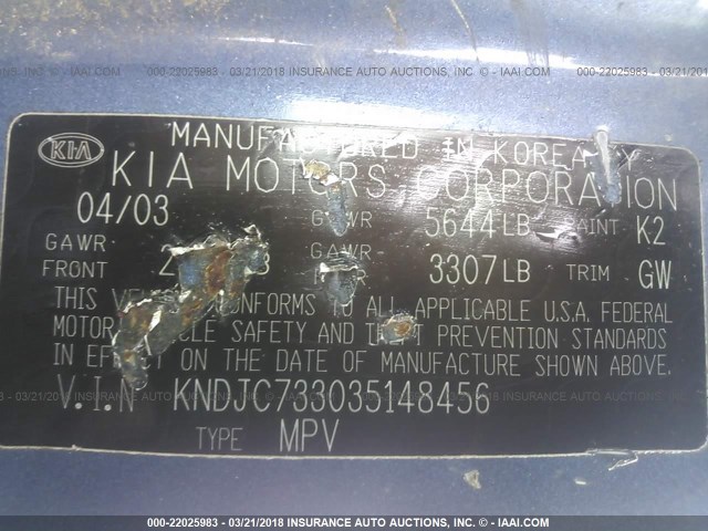 KNDJC733035148456 - 2003 KIA SORENTO EX/LX BLUE photo 9