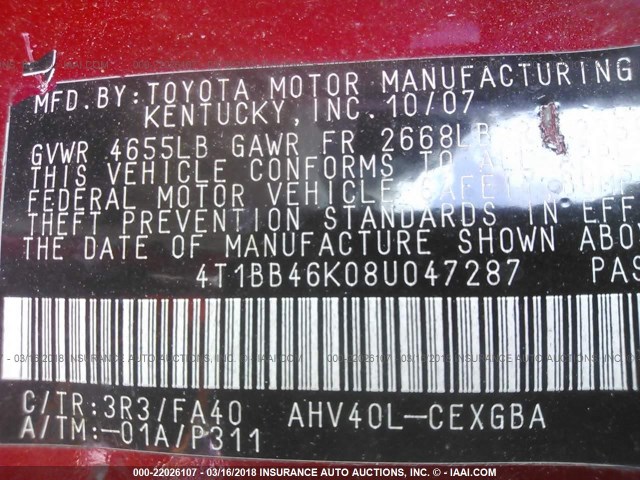 4T1BB46K08U047287 - 2008 TOYOTA CAMRY HYBRID RED photo 9