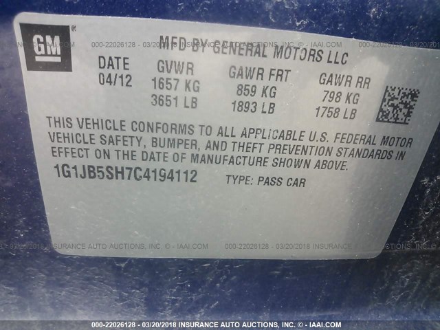 1G1JB5SH7C4194112 - 2012 CHEVROLET SONIC LS 蓝色 照片 9