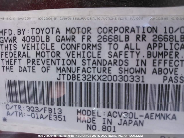 JTDBE32KX20030331 - 2002 TOYOTA CAMRY LE/XLE/SE RED photo 9