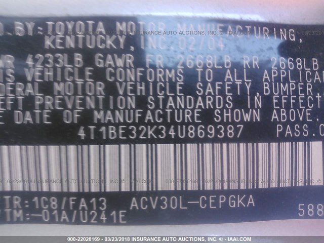 4T1BE32K34U869387 - 2004 TOYOTA CAMRY LE/XLE/SE ბეჟი ფოტო 9