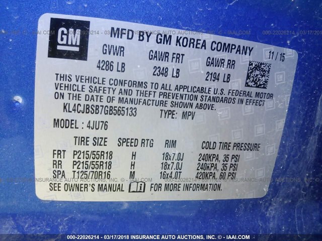 KL4CJBSB7GB565133 - 2016 BUICK ENCORE CONVENIENCE 蓝色 照片 9