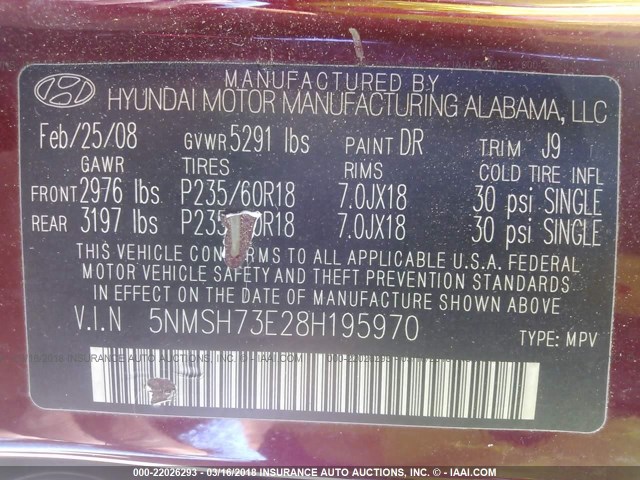 5NMSH73E28H195970 - 2008 HYUNDAI SANTA FE SE/LIMITED MAROON photo 9