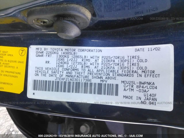 JTEHF21A030117386 - 2003 TOYOTA HIGHLANDER LIMITED BLUE photo 9