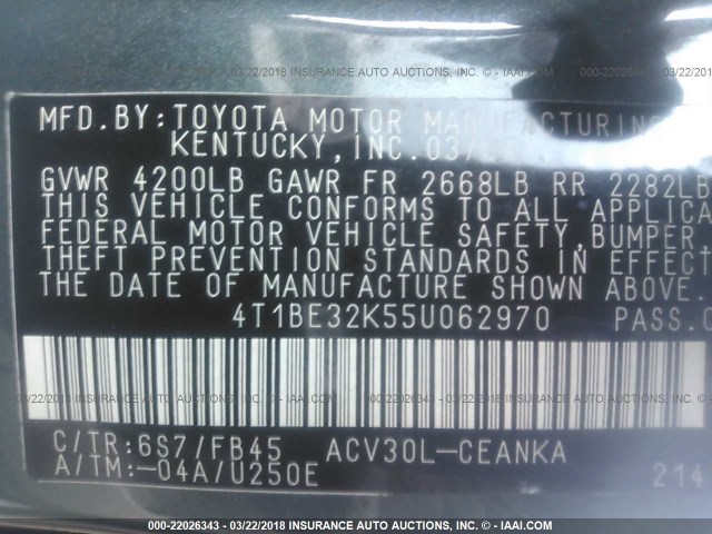 4T1BE32K55U062970 - 2005 TOYOTA CAMRY LE/XLE/SE მწვანე ფოტო 9