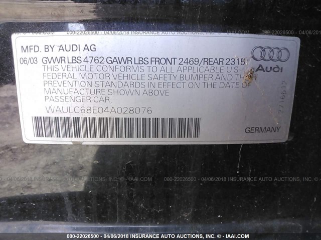 WAULC68E04A028076 - 2004 AUDI A4 1.8T QUATTRO BLACK photo 9