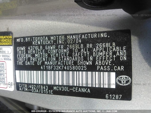 4T1BF32K74U580025 - 2004 TOYOTA CAMRY LE/XLE/SE TAN photo 9