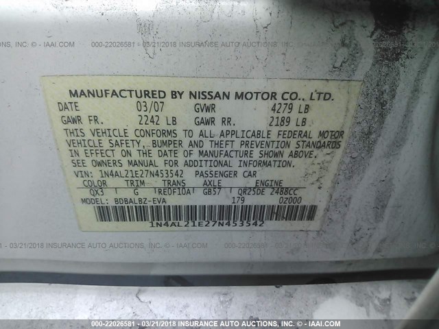 1N4AL21E27N453542 - 2007 NISSAN ALTIMA 2.5/2.5S WHITE photo 9