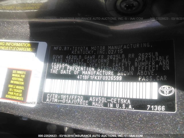 4T1BF1FKXFU926599 - 2015 TOYOTA CAMRY LE/XLE/SE/XSE Grau Foto 9