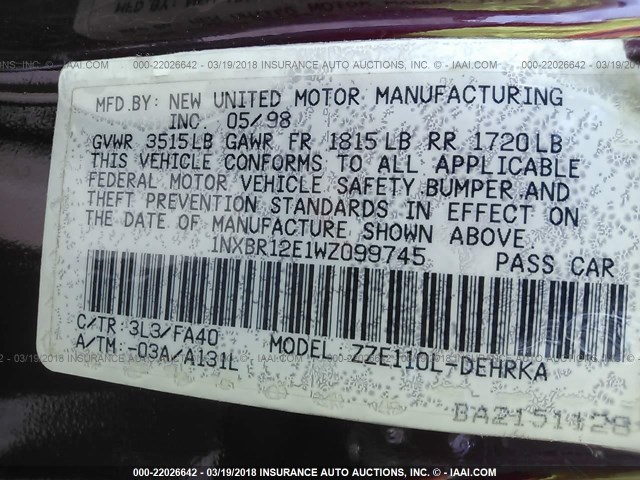 1NXBR12E1WZ099745 - 1998 TOYOTA COROLLA VE/CE/LE 栗色 照片 9