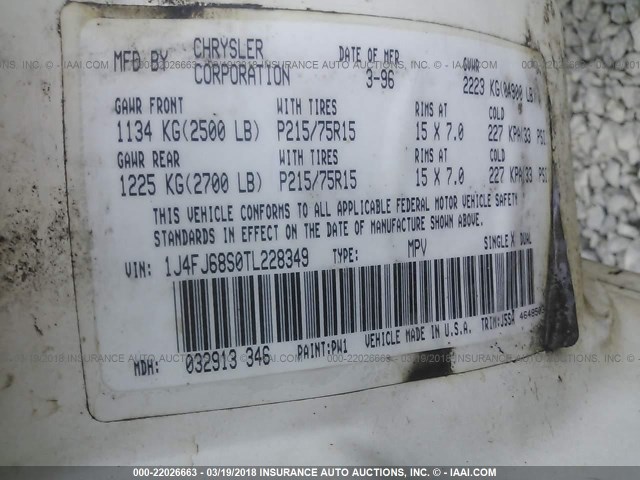 1J4FJ68S0TL228349 - 1996 JEEP CHEROKEE SPORT/CLASSIC თეთრი ფოტო 9