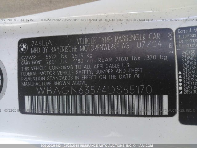 WBAGN63574DS55170 - 2004 BMW 745 LI Weiß Foto 9