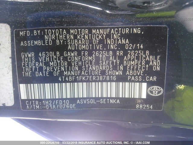 4T4BF1FK7ER387816 - 2014 TOYOTA CAMRY L/SE/LE/XLE 深蓝色 照片 9